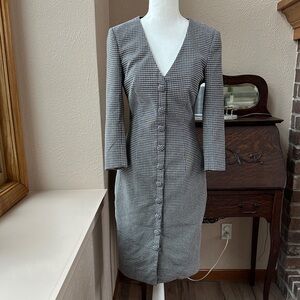 Badgley Mischka Black Grey Plaid Sheath Long Sleeve Dress Size 2
